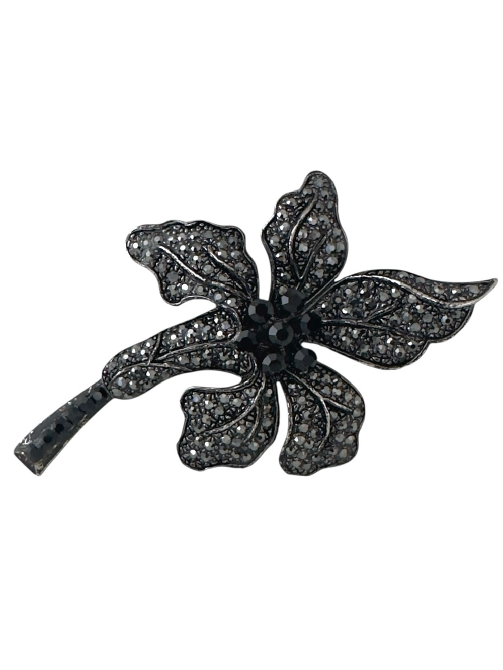 Vintage Black Sparkling Rhinestone Orchid Flower Brooch Pin Jewelry